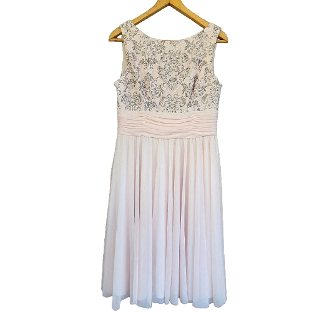 NWT Womens 12 JH Evenings Coquette Floral Lace Sleeveless Ruch Blush Pink Dress